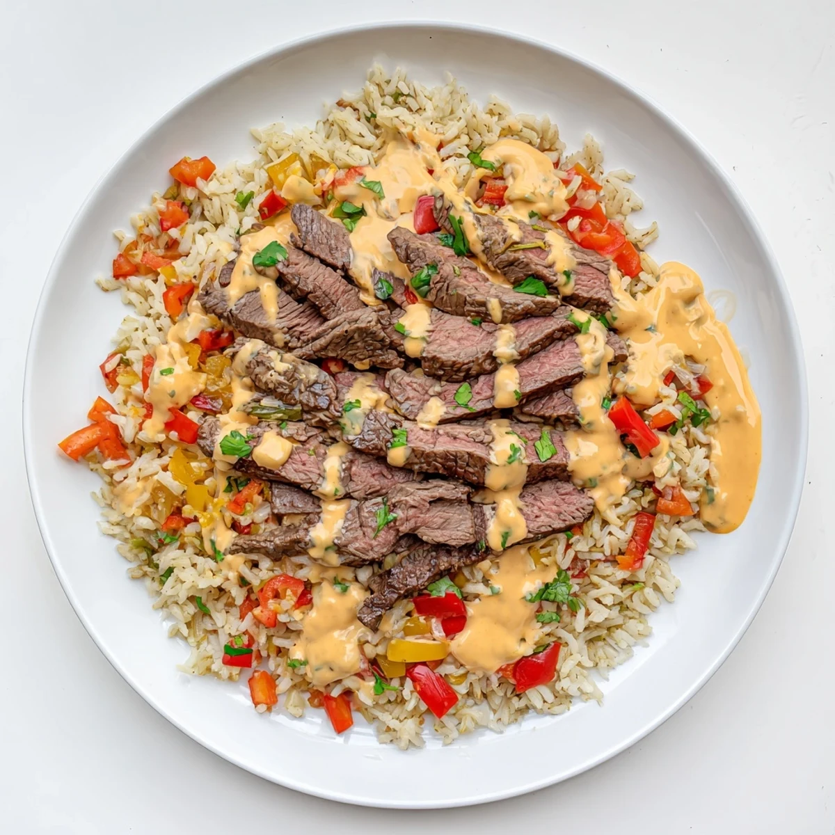 Sizzling steak queso rice topped with jalapeños and fresh cilantro garnish