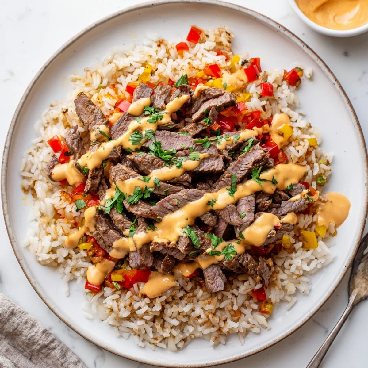 Warm steak queso rice piled high with tender beef and colorful peppers