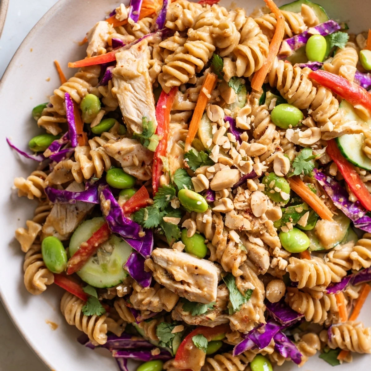 Colorful protein packed Thai pasta salad tossed in creamy peanut dressing with fresh vegetables