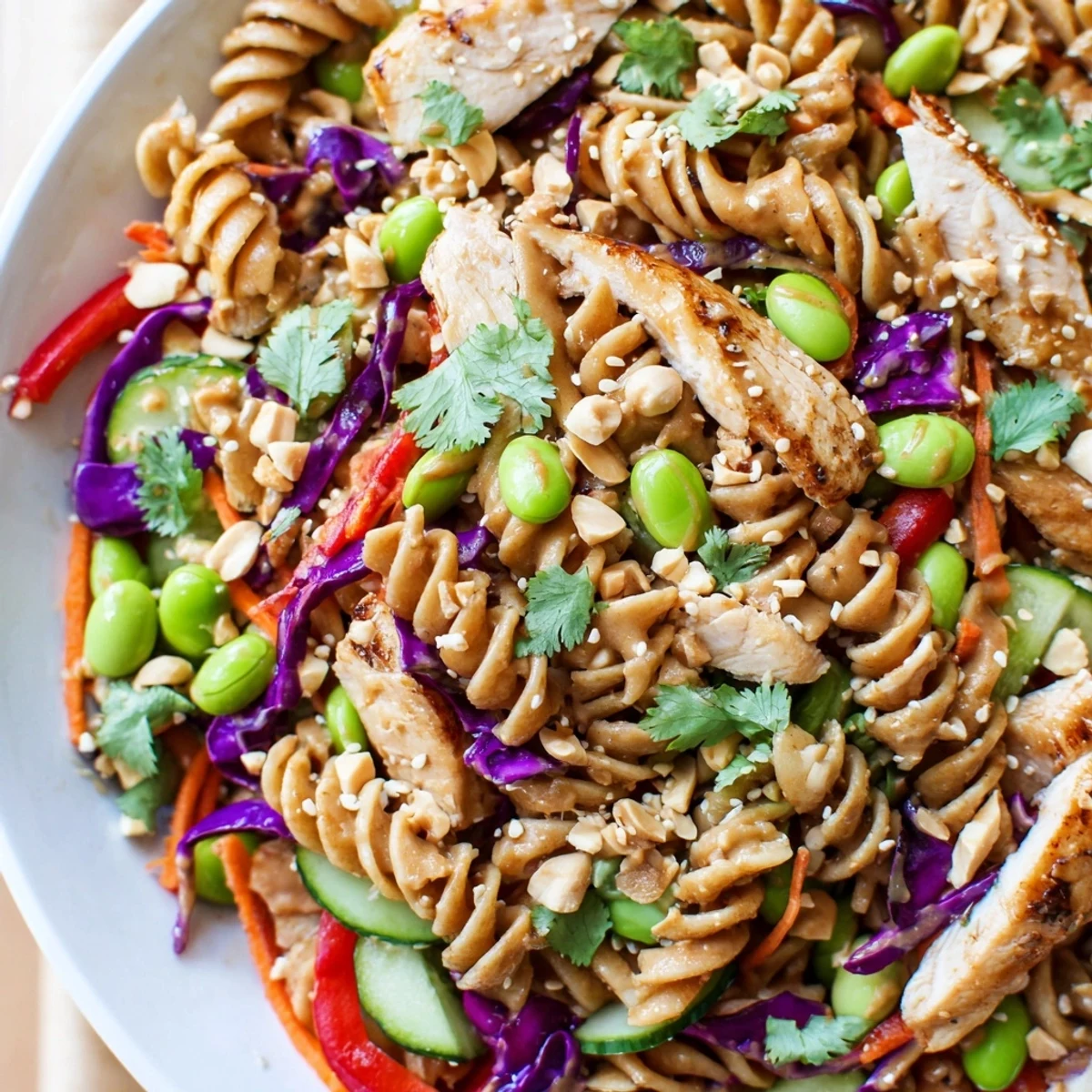 Vibrant protein packed Thai pasta salad garnished with crushed peanuts and sesame seeds