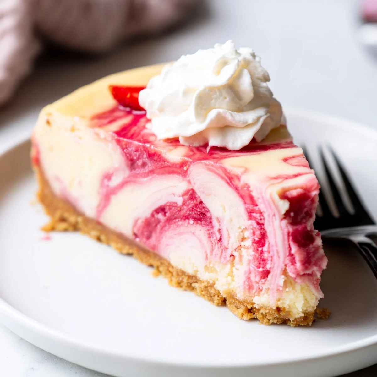 Creamy keto rhubarb cheesecake sliced to reveal vibrant pink swirls on a golden almond crust