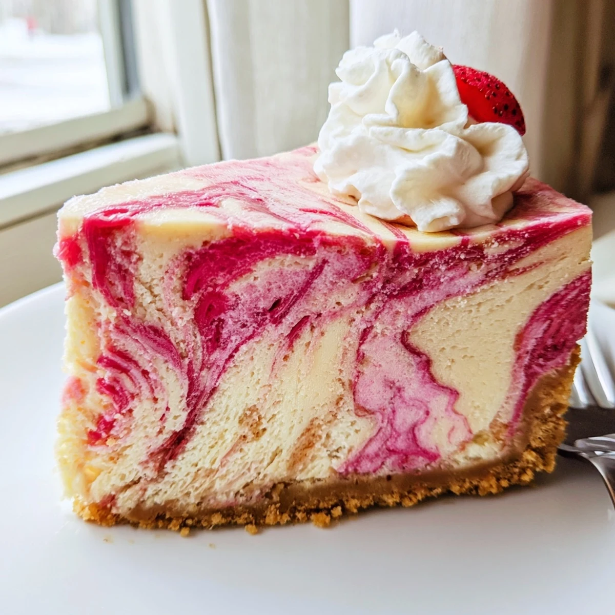 Tangy rhubarb ribbons marbled through a silky low-carb cheesecake topped with fresh whipped cream