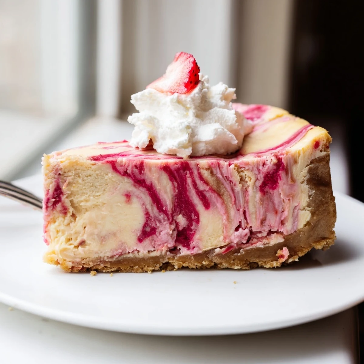 A perfectly chilled slice of keto rhubarb cheesecake glistening with a glossy tart fruit compote