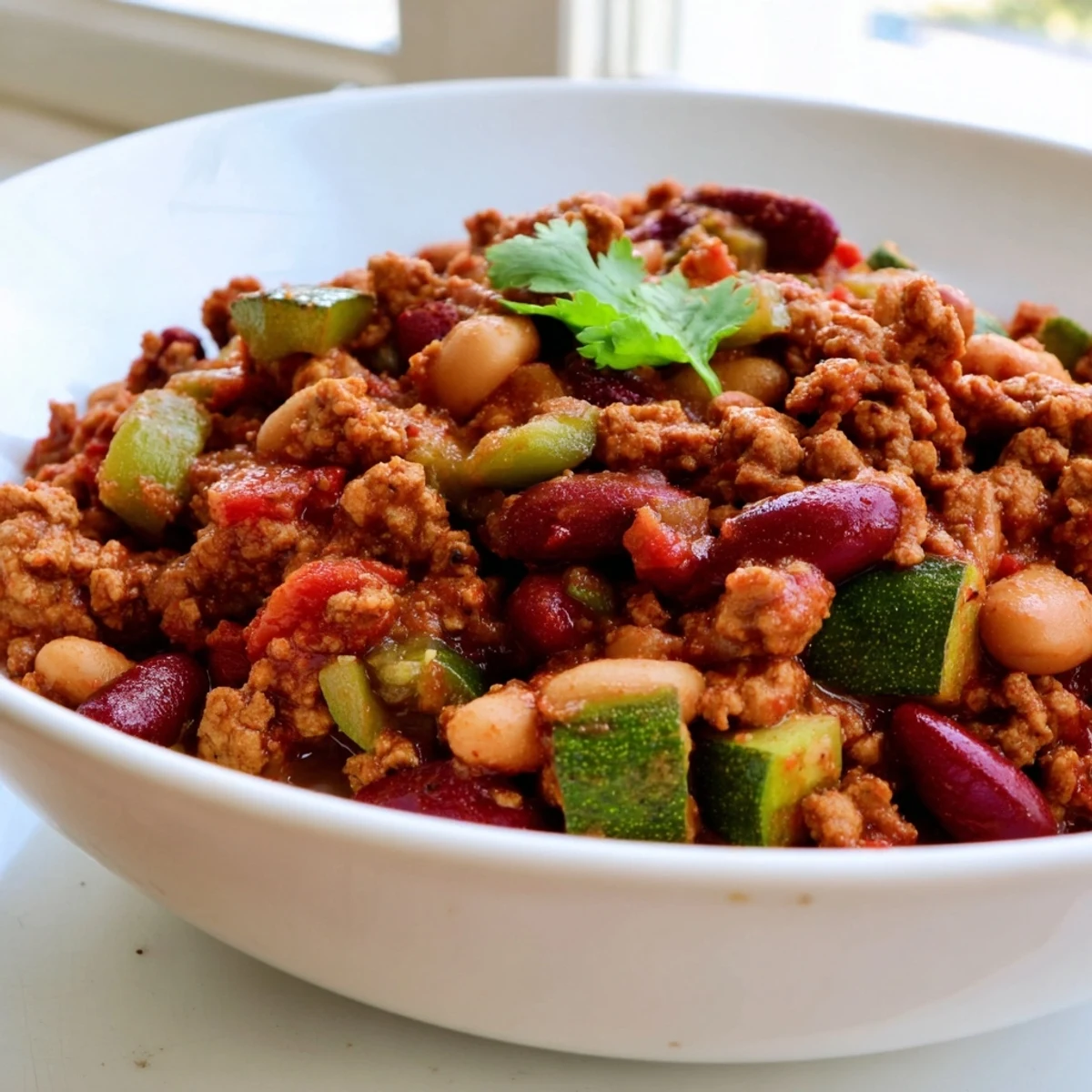 Steaming bowl of diabetic chili topped with fresh cilantro and diced vegetables