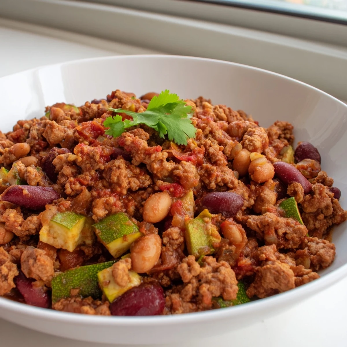 Thick hearty diabetic chili loaded with tender turkey beans and rich spices