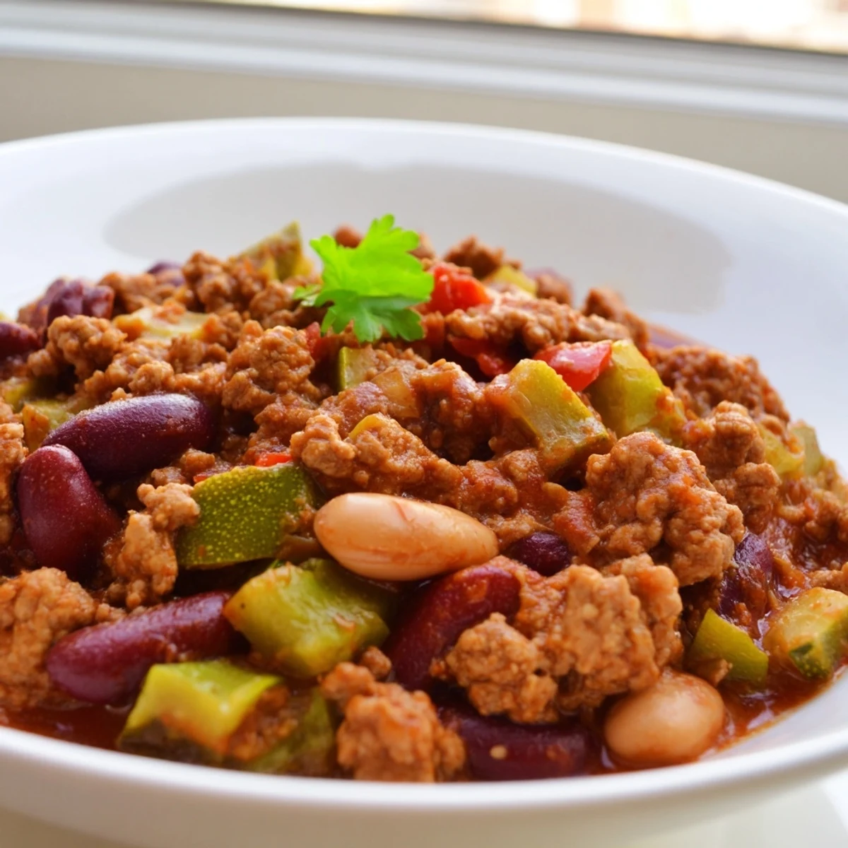 Vibrant diabetic chili in a rustic pot garnished with a creamy yogurt dollop