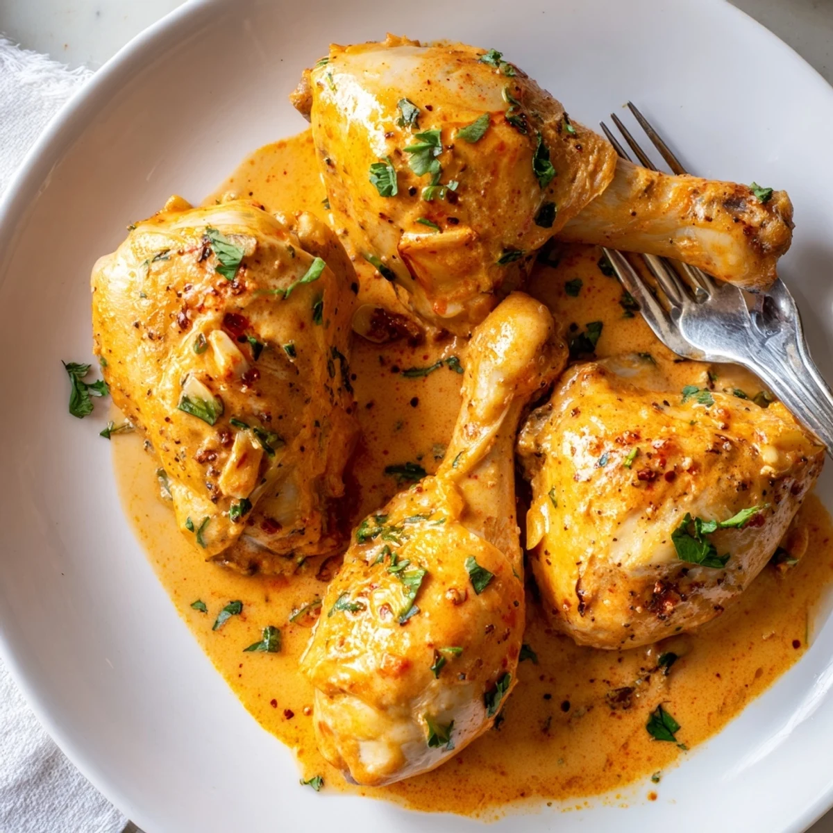 Tender creamy paprika chicken drumsticks nestled in a smoky, golden cream sauce