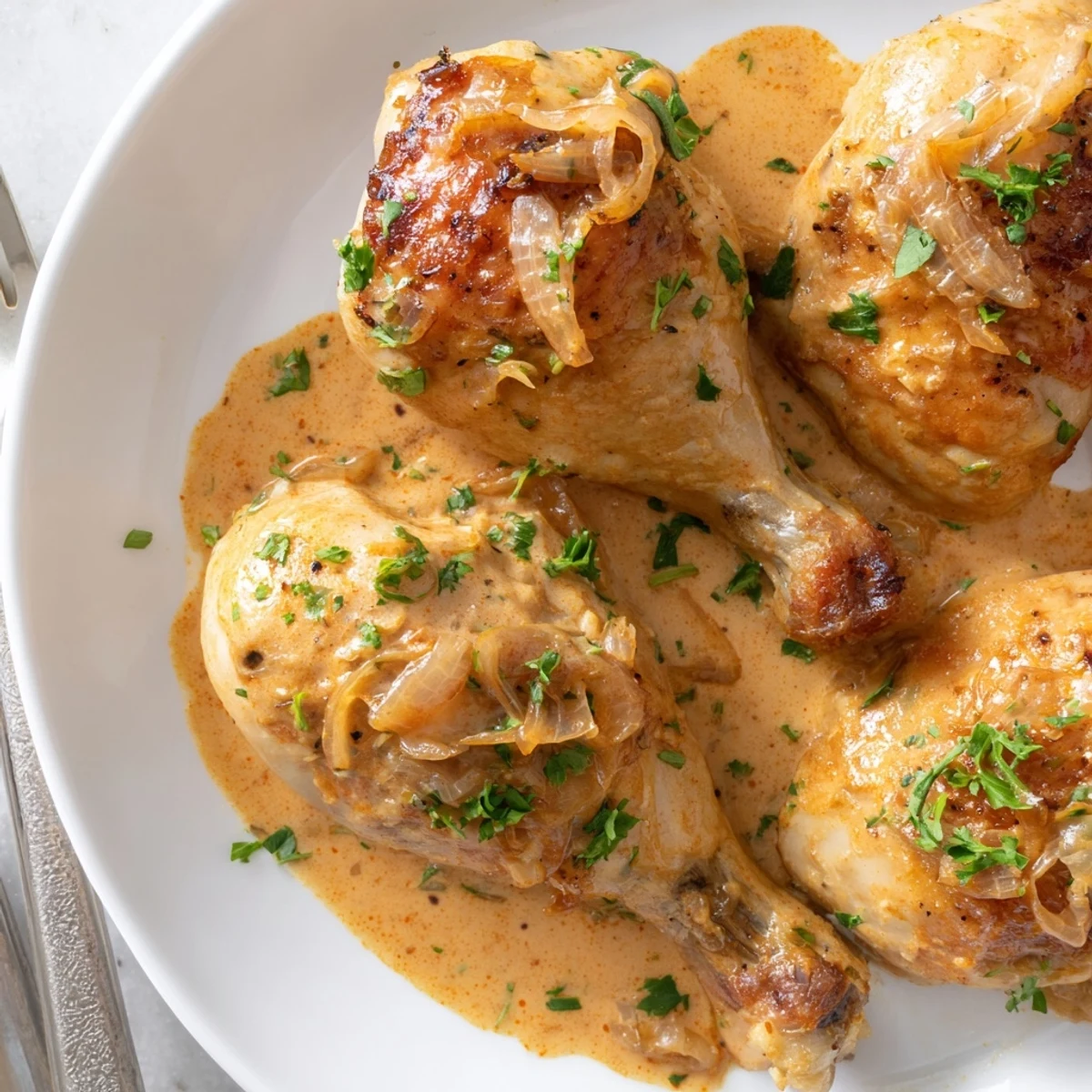 Golden creamy paprika chicken drumsticks glistening in a rich, velvety red pepper sauce