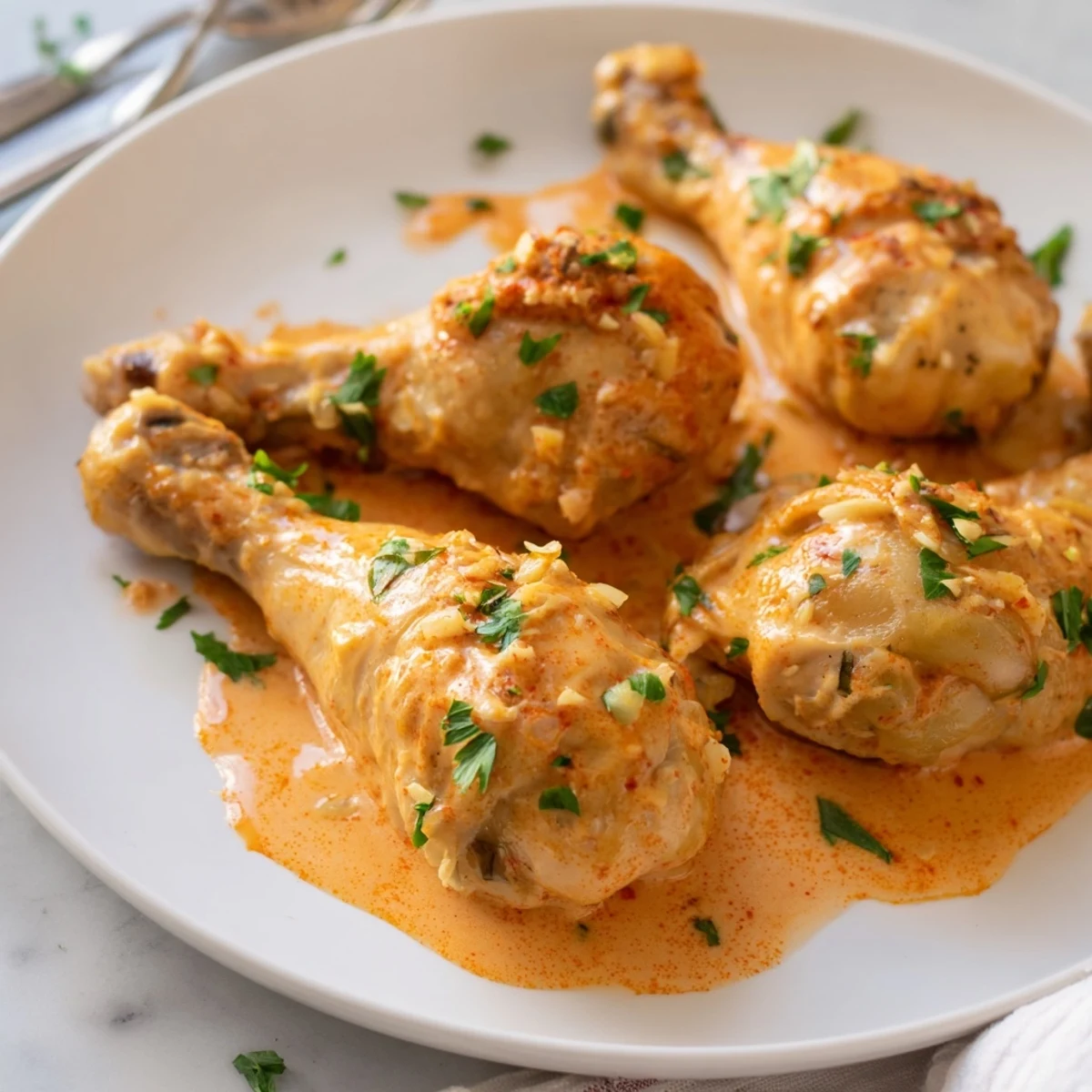 Juicy creamy paprika chicken drumsticks dripping with thick, rust-colored paprika cream gravy