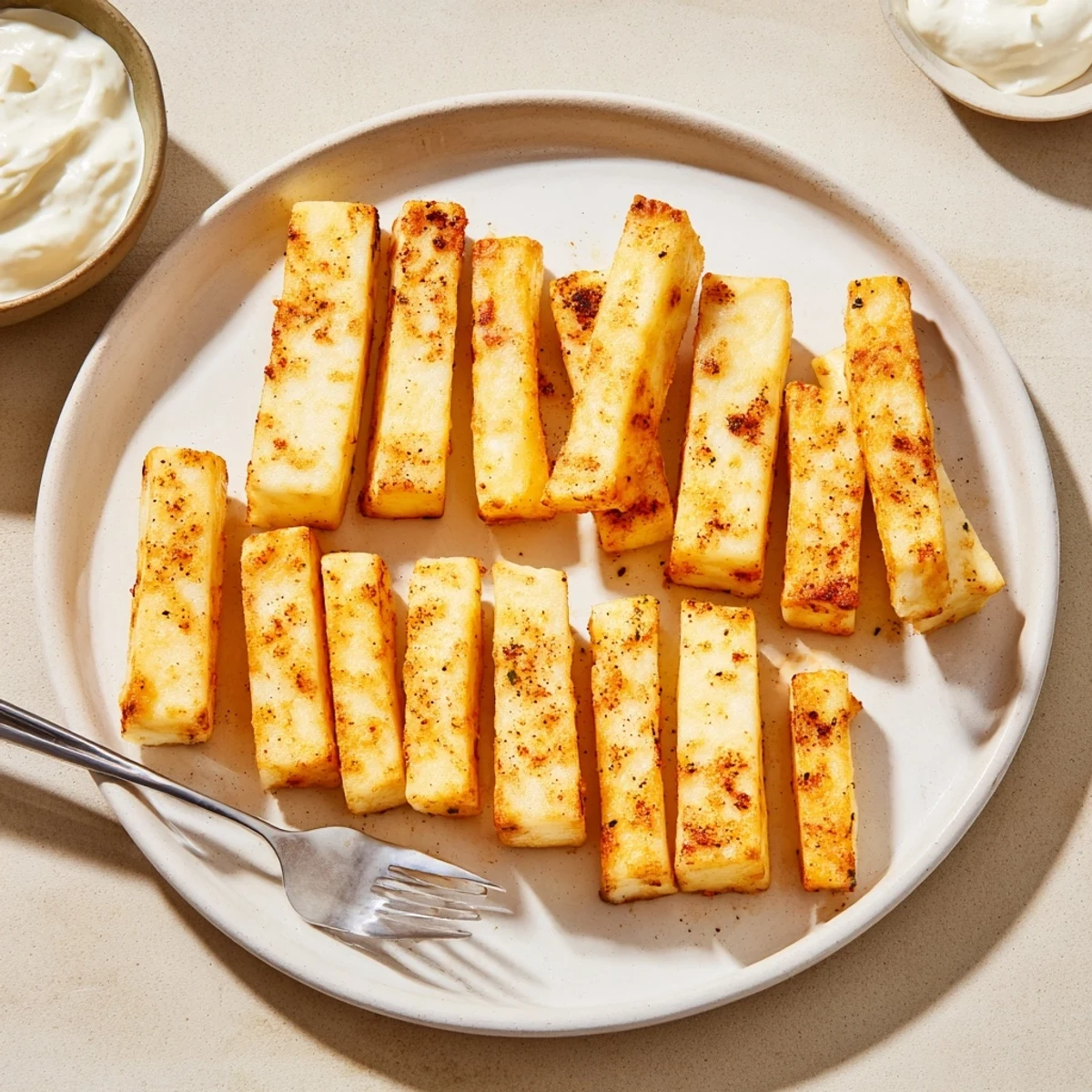 Golden baked cottage cheese fries arranged on parchment with a creamy dipping sauce nearby