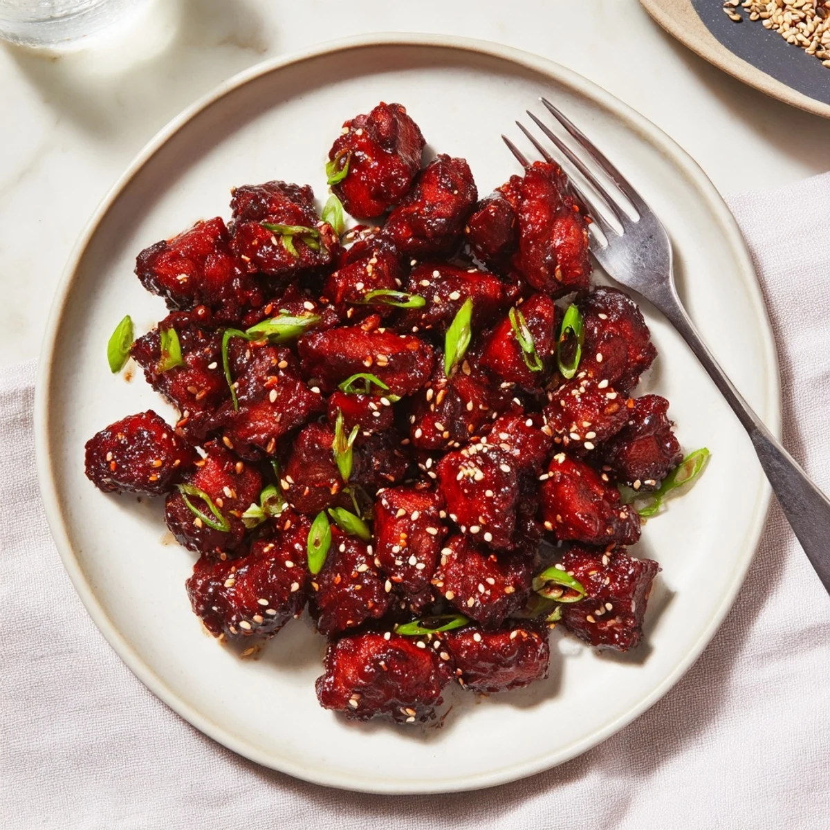 Crispy caramelized Gochujang Chicken glistening with spicy red glaze on a white plate