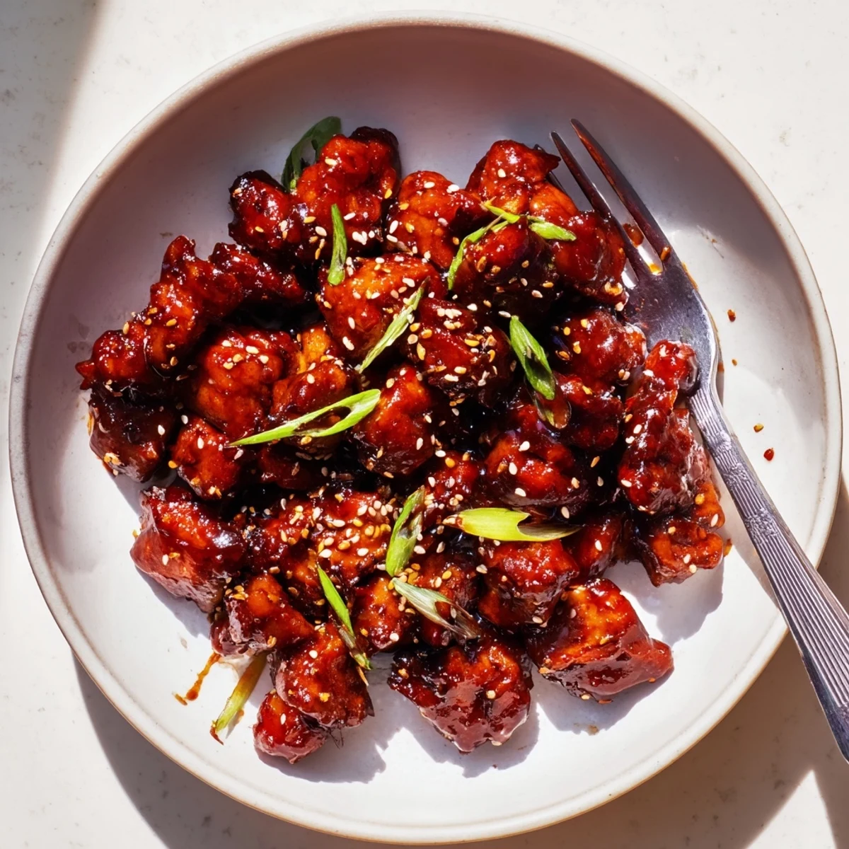 Tender Gochujang Chicken thighs tossed in sticky sauce scattered with sesame seeds and scallions