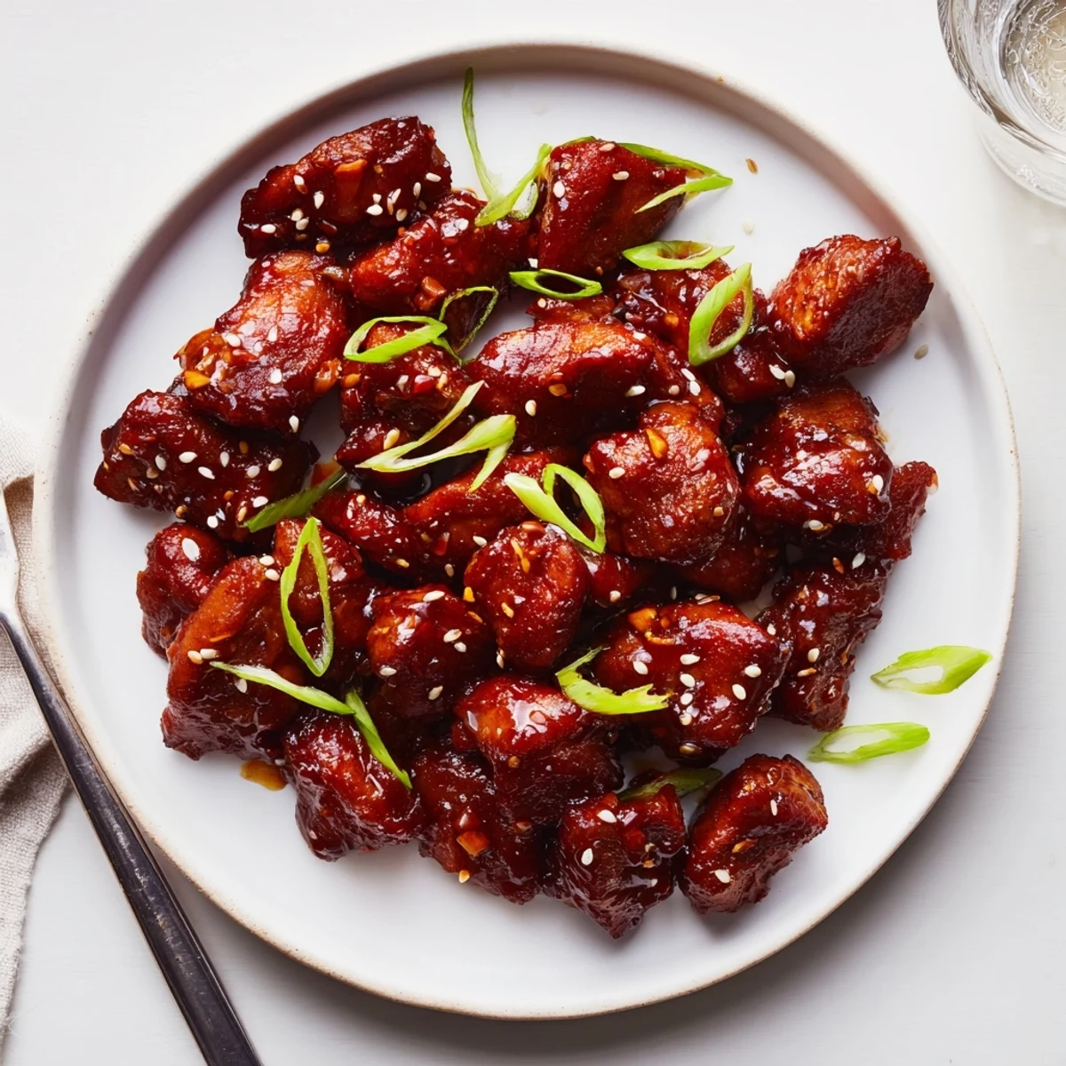 Sizzling Gochujang Chicken sizzling in a cast iron skillet coated in a glossy chili sauce