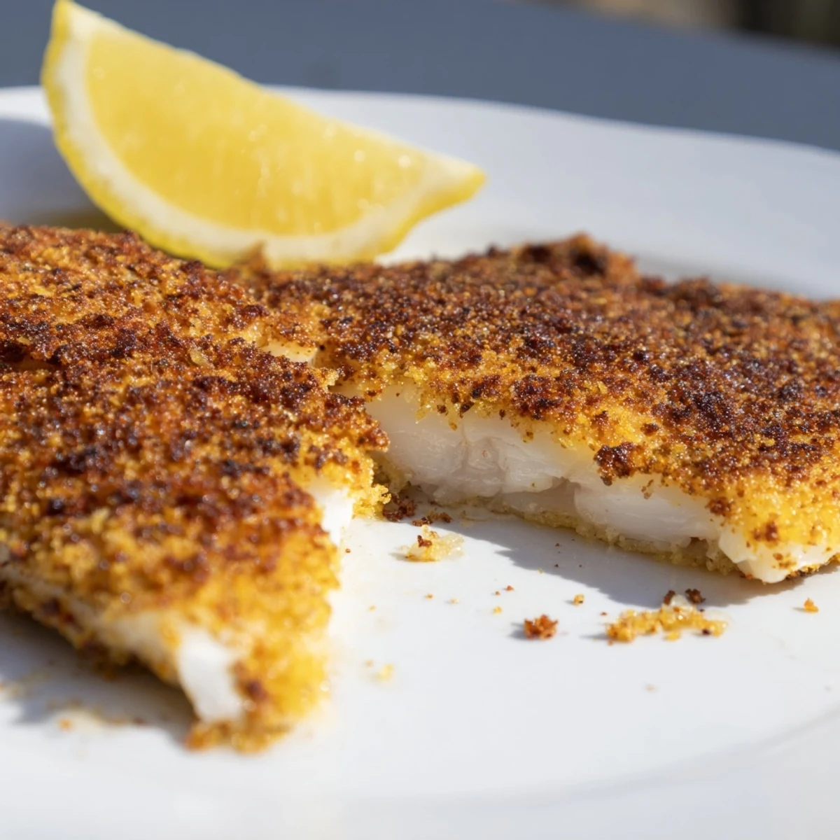 Golden pan fried tilapia fillets with crispy seasoned crust served with fresh lemon wedges
