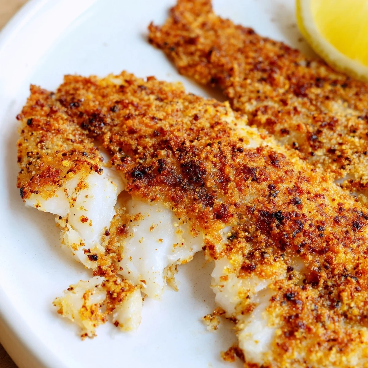 Perfectly crispy pan fried tilapia on a white plate with steamed vegetables and lemon