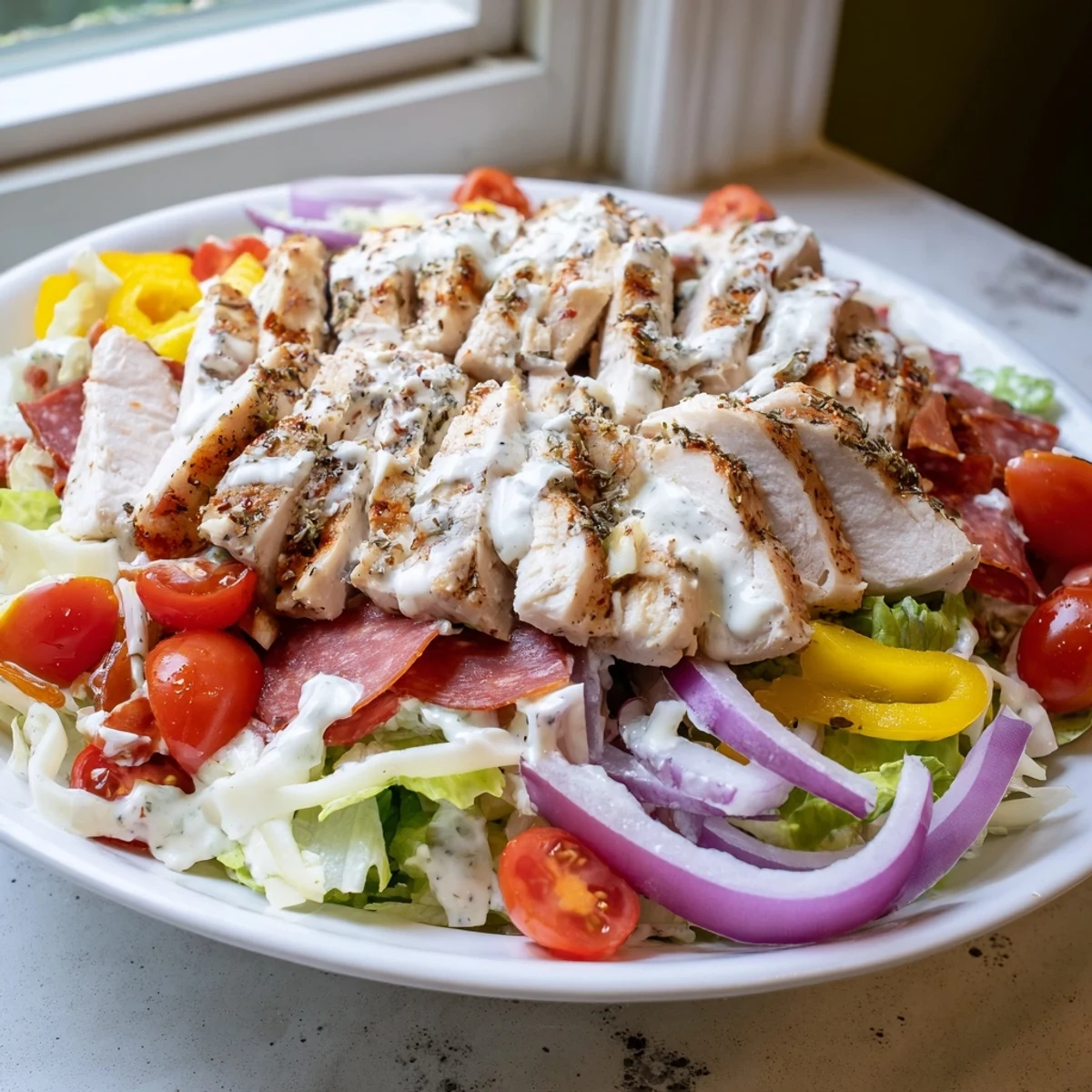 A vibrant Italian Grinder Chicken Salad topped with sliced deli meats, melted provolone, and pepperoncini.