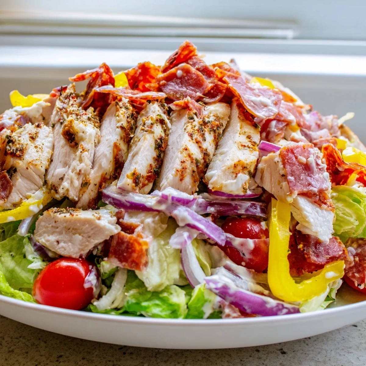 Hearty Italian Grinder Chicken Salad in a bowl with crisp romaine, cherry tomatoes, and zesty dressing.