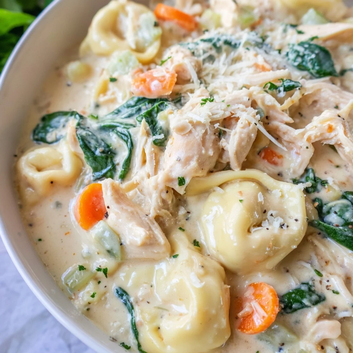 Creamy crockpot chicken tortellini served in a bowl with fresh parsley garnish
