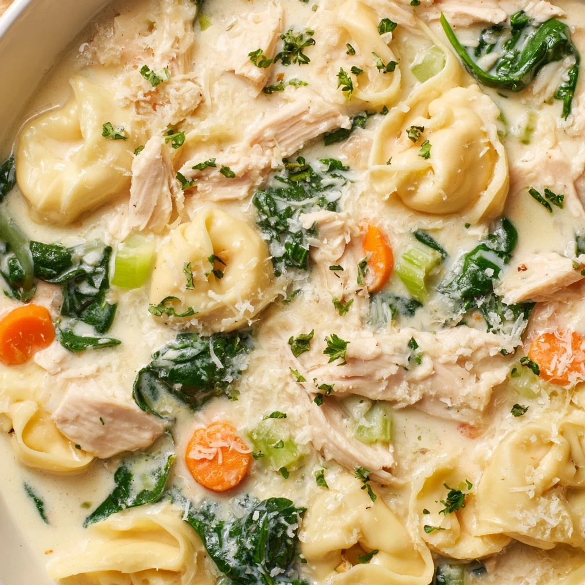 Slow cooker chicken tortellini with tender vegetables in a rich golden sauce