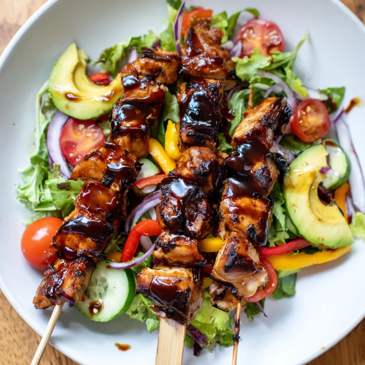 Smoky BBQ chicken skewer salad with charred edges over crisp mixed greens