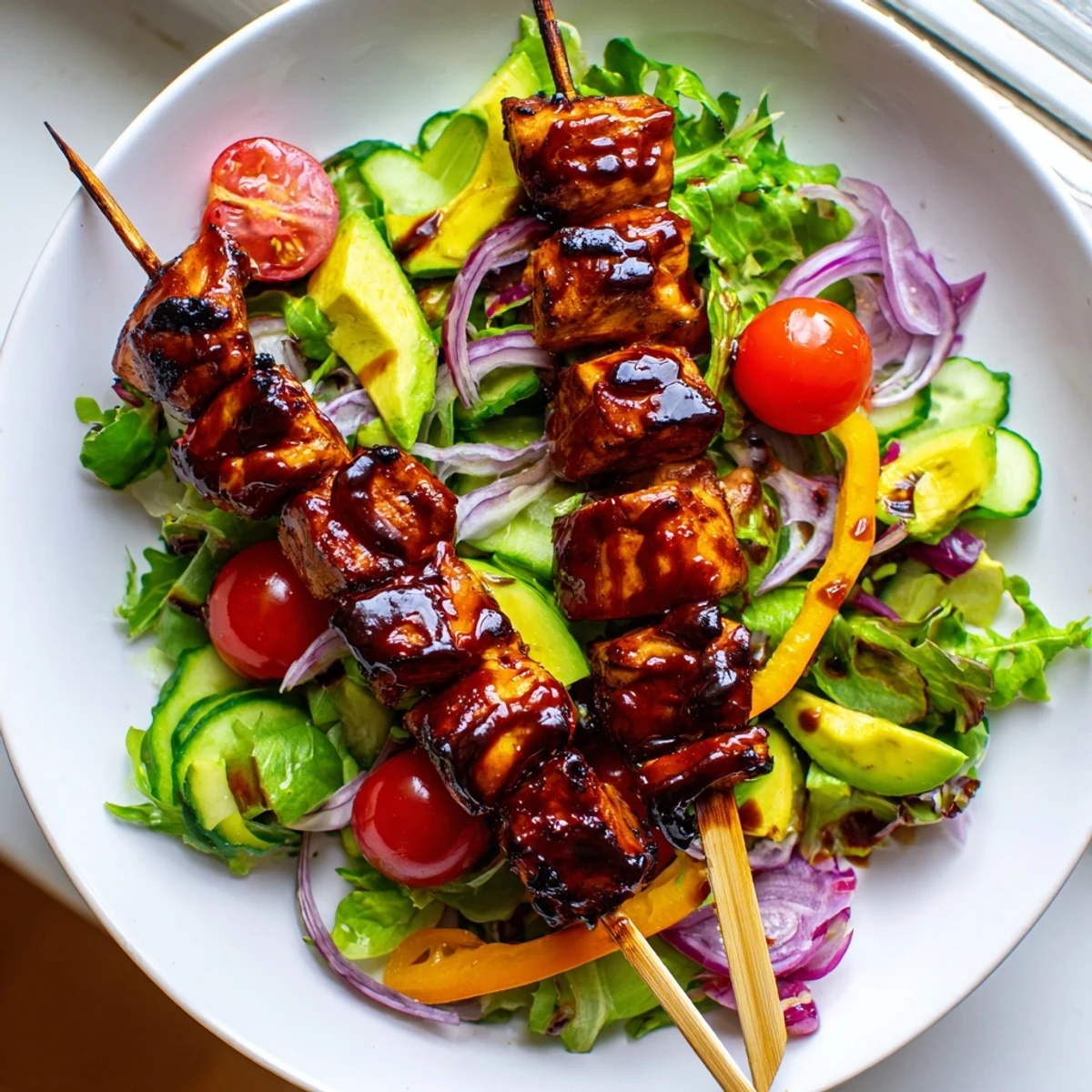 Juicy grilled BBQ chicken skewer salad topped with colorful bell peppers and avocado