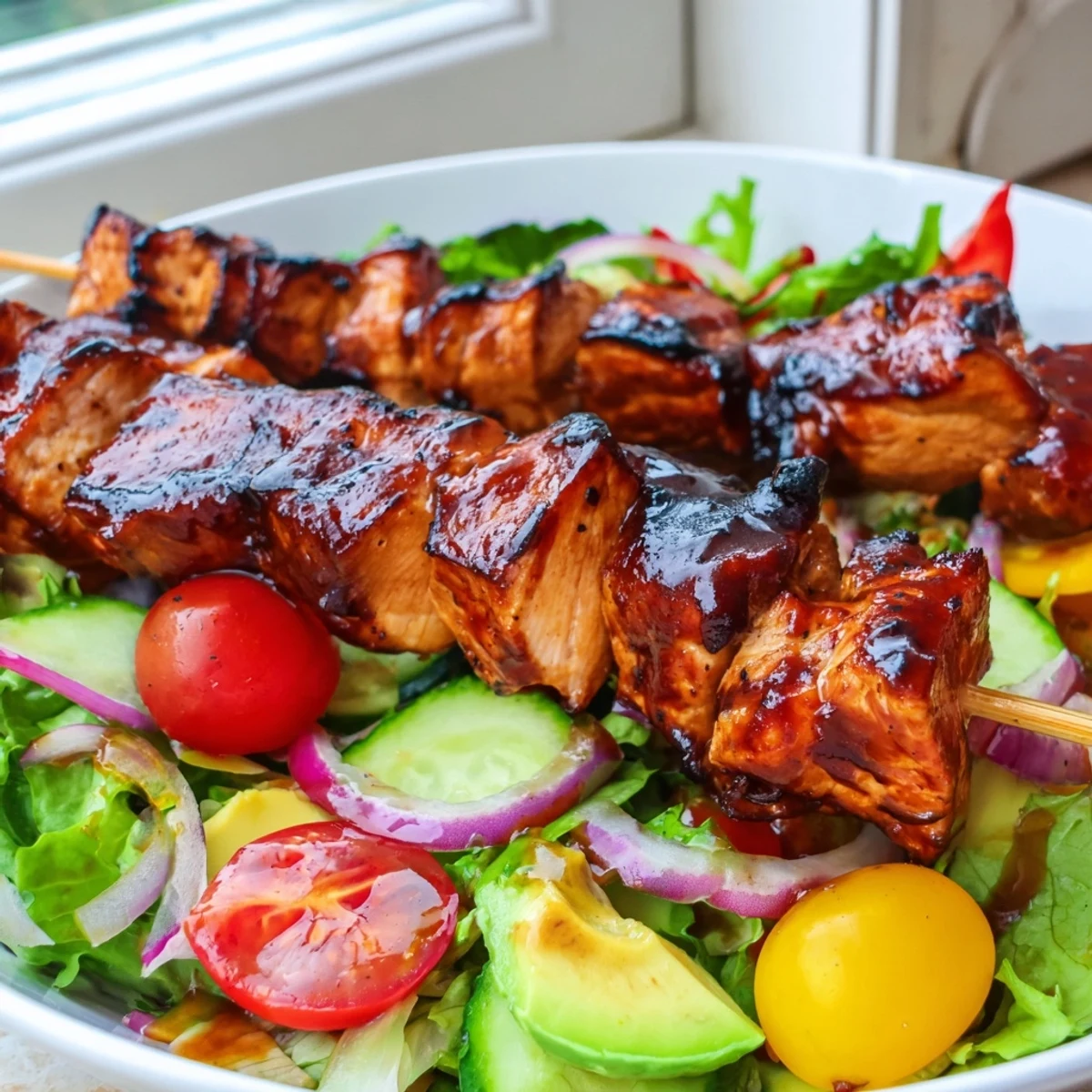 BBQ chicken skewer salad drizzled with tangy honey mustard dressing on fresh vegetables