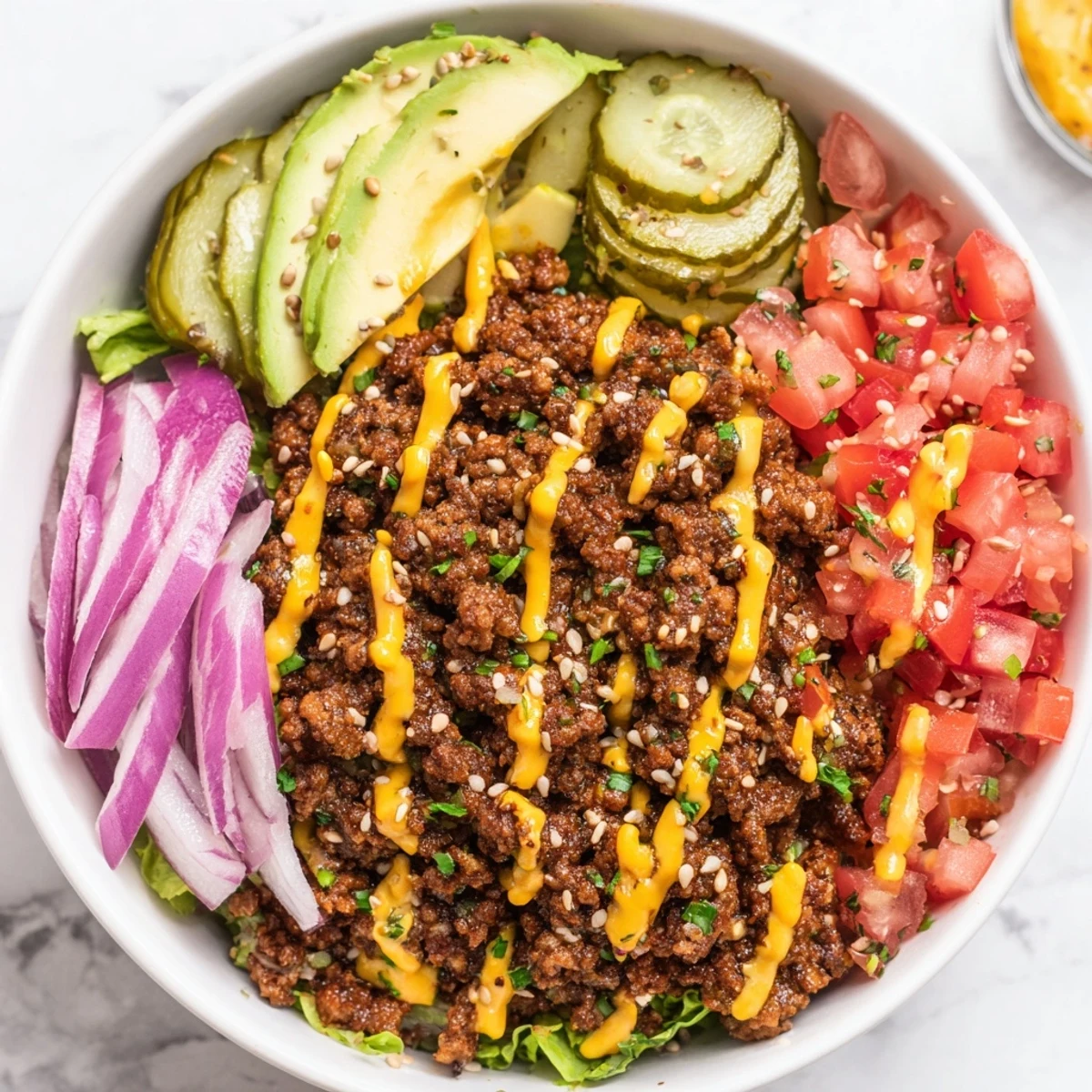 Colorful low carb burger bowls loaded with ground beef and creamy avocado.