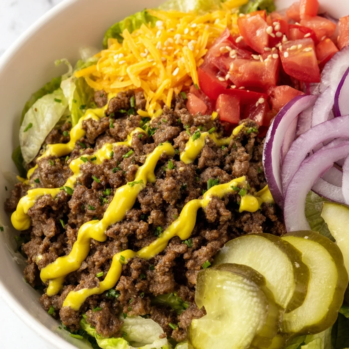 Hearty burger bowls drizzled with sauce over romaine and savory ground beef.