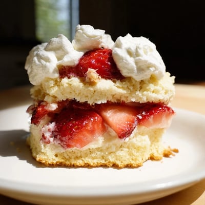 Bite-sized Strawberry Shortcake Cups layered with macerated strawberries and velvety whipped cream, ready to serve.