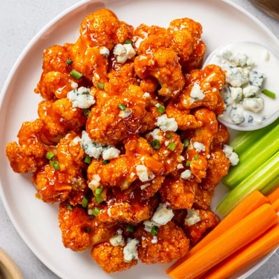 Spicy Buffalo Cauliflower Wings baking in the oven, glistening with tangy sauce next to creamy blue cheese dip.