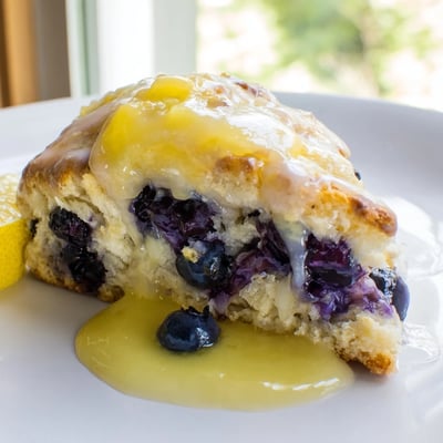 Lemon Blueberry Scones with Lemon Curd served warm on a white ceramic plate, drizzled with glossy yellow sauce and fresh blueberries.