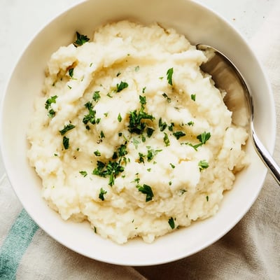A close-up of golden Roasted Garlic Mashed Cauliflower in a white serving dish, ready to pair with grilled chicken or steak.