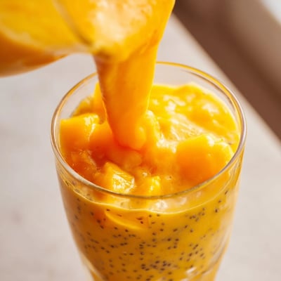 Vibrant orange mango and pineapple Tropical Sunrise Protein Smoothie Recipe blended to creamy perfection