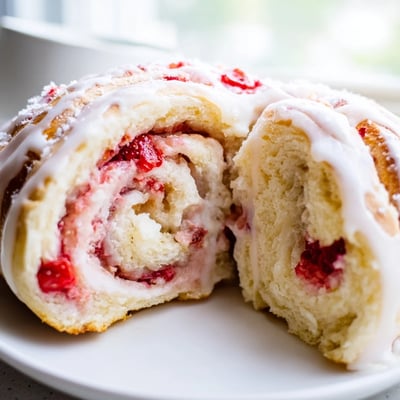 Soft pillowy strawberry cheesecake rolls swirled with creamy filling and fresh juicy berries