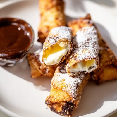 Cheesecake egg rolls served warm with rich chocolate dipping sauce in a bowl