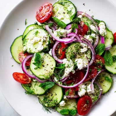 Creamy feta cucumber herb salad tossed with red onion and lemon vinaigrette