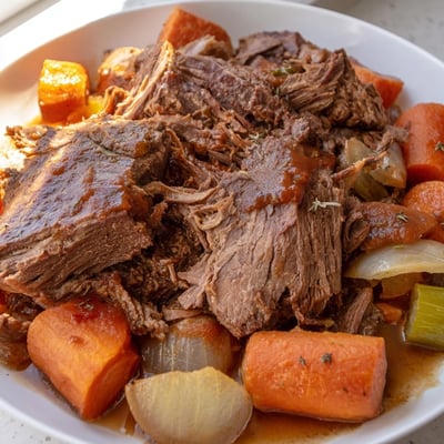 Perfect pot roast falling apart beside golden seared vegetables in a Dutch oven