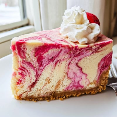 Tangy rhubarb ribbons marbled through a silky low-carb cheesecake topped with fresh whipped cream