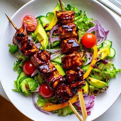 Juicy grilled BBQ chicken skewer salad topped with colorful bell peppers and avocado